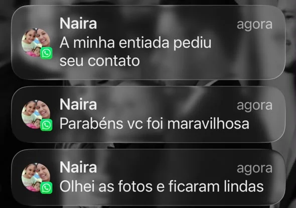 Print de notificações de WhatsApp com mensagens da Naiara: olhei as fotos e ficaram lindas, parabéns, vocês foram maravilhosa, e um pedido de contato